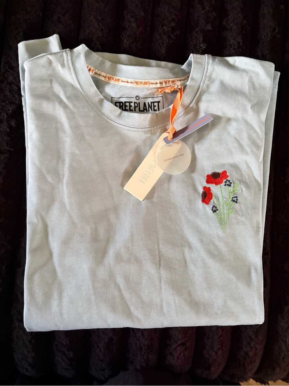 Free Planet Pale Blue Tee with Red Embroidered Flowers